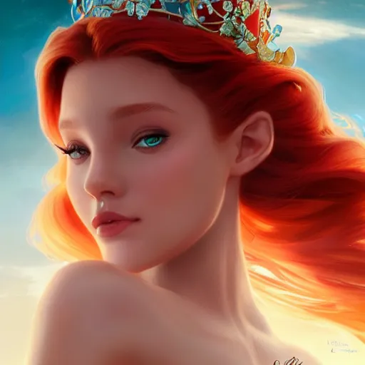 Image similar to beautiful young princess ariel, like human closeup, with the face of ariana grande, sea background, d & d, fantasy, elegant, highly detailed, digital painting, artstation, concept art, matte, sharp focus, illustration, art by artgerm and greg rutkowski and alphonse mucha