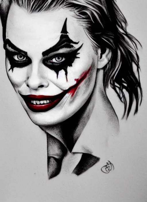 Image similar to tattoo design of margot robbie with joker makeup, ace card, in the style of tony santos, realistic face, black and white, realism tattoo, hyper realistic, highly detailed
