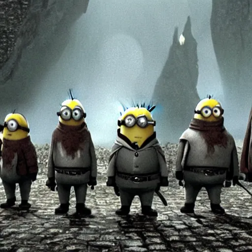 Prompt: the still of the minions in Lord of The Rings,