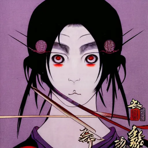 Image similar to prompt : portrait of muse soft light painted by takato yamamoto, purple rinnegan eyes, inspired by ninja anime, smooth face feature, intricate oil painting, high detail, sharp high detail, manga and anime