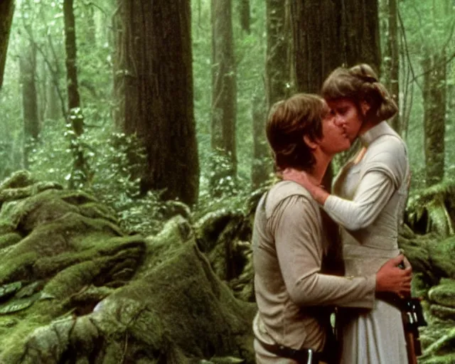 Image similar to luke skywalker, princess leia and han solo hugging and kissing in the forest of endor at the end of return of the jedi