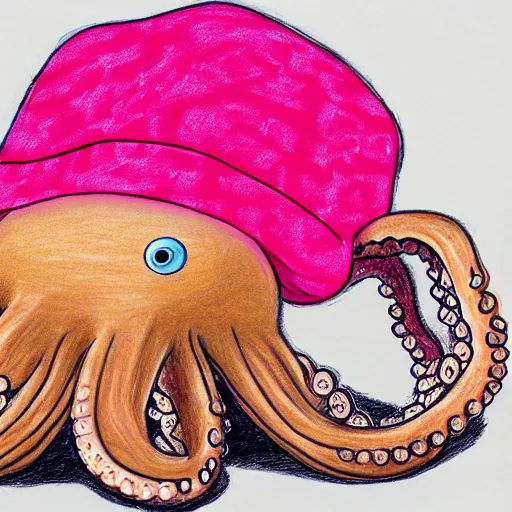 Prompt: multicolor drawing of a sad octopus wearing a pink hat by alex heywood in 4 k ultra high resolution, with depressive feeling