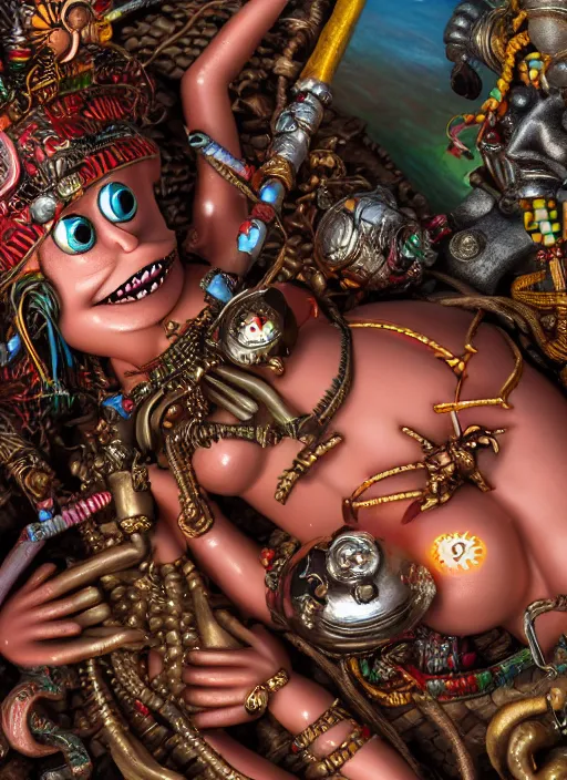 Prompt: highly detailed closeup, portrait of a tin toy voodoo priestess bikini, unreal engine, nicoletta ceccoli, mark ryden, earl norem, lostfish, global illumination, detailed and intricate environment