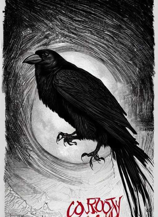 Image similar to portrait, A crow in front of the full big moon, book cover, red white and black colors, establishing shot, extremly high detail, foto realistic, cinematic lighting, pen and ink, intricate line drawings, by Yoshitaka Amano, Ruan Jia, Kentaro Miura, Artgerm, post processed, concept art, artstation, matte painting, style by eddie mendoza, raphael lacoste, alex ross