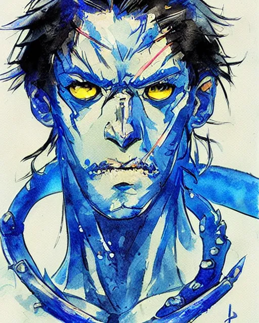 Prompt: Magic Blue Fish Man, drawn by Yoji Shinkawa, water color