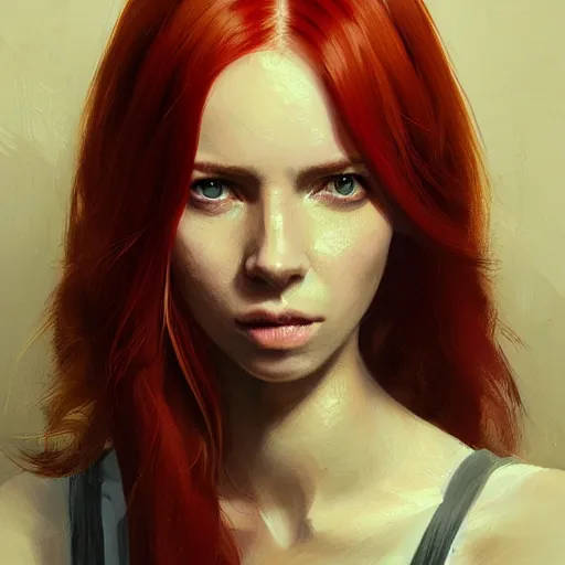 Image similar to Portrait of a woman by Greg Rutkowski, she is about 20 years old, redhead, long straight hair, beautiful oval face, wearing red and black utilitarian jumpsuit, older sister vibes, highly detailed portrait, digital painting, artstation, concept art, smooth, sharp foccus ilustration, Artstation HQ.