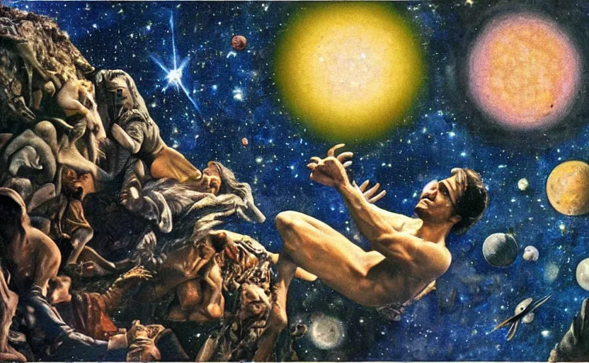 Image similar to scene from cosmologica ( 1 9 6 9 ), a movie by luchino visconti terry gilliam showing a man played by mastroianni leaving the medieval cosmos to enter the new modern universe in the style of ( ( ( renaissance cosmological painting ) ) ). blue sky with a lot of stars and planets. cinematic, technicolor, direct lighting