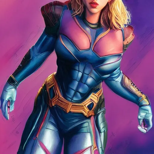 Prompt: scarlett johansson as thanos, feminine beautiful muscular fitness model wearing armor, red lips, attractive, highly detailed full body portrait, pretty face, elegant, breathtaking art, concept art, by artgerm and ilya kuvshinov