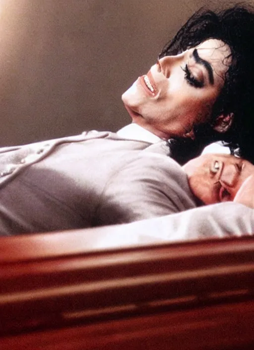 Prompt: photo still of michael jackson unconscious inside a coffin, full-shot, 4k