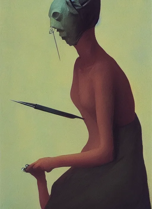 Prompt: woman with a paper bag over the head and a sward melted with social media phone Edward Hopper and James Gilleard, Zdzislaw Beksinski, Steven Outram highly detailed