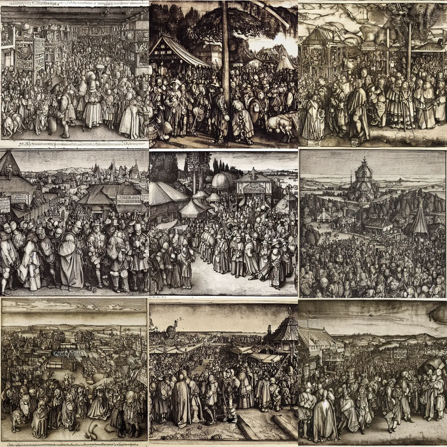 Prompt: albrecht durer, albrecht altdorfer, hans holbein, lucas cranach, gustave dore, engraving of the orange county fair