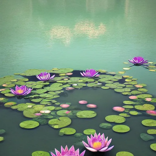 Image similar to by kilian eng rendered in cinema 4 d, indian ornate. a peaceful photograph that shows a pond with water lilies floating on the surface. the colors are soft & calming, & the overall effect is one of serenity & relaxation.