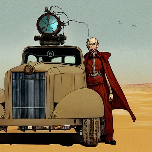 Prompt: a man standing next to a car, in desert dieselpunk style ; steampunk, jean giraud, moebius, francois schuiten, illustration, drawing, painting, face, green, yellow, red, muted, clean lines, centered face, symmetric, digital art, detailed, artstation, deviantart, hd, 8 k, 4 k