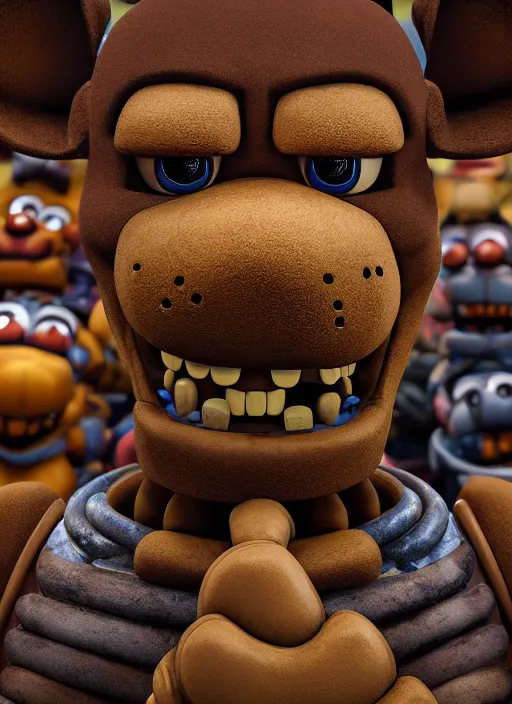 Image similar to closeup group portrait of fnaf, depth of field, zeiss lens, detailed, symmetrical, centered, fashion photoshoot, by Annie Leibovitz and Steve McCurry, David Lazar, Jimmy Nelsson, Breathtaking, 8k resolution, extremely detailed, beautiful, establishing shot, artistic, hyperrealistic, beautiful face, octane render