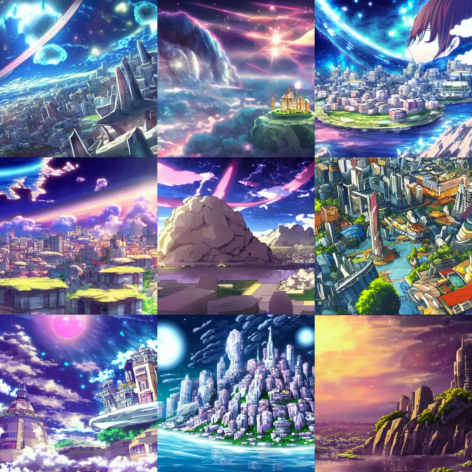 Prompt: anime wallpaper of a city built on a floating island rock in space