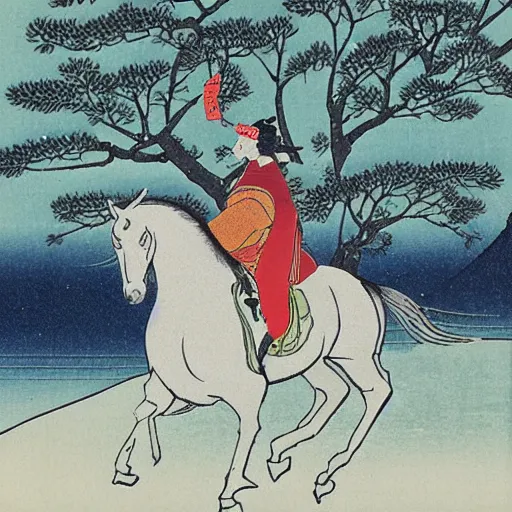 Prompt: Ukiyoe of a boy riding a horse through a snowy forest