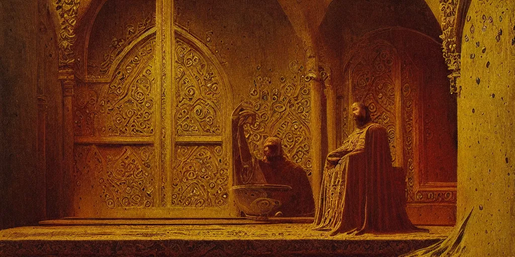 Prompt: a medieval king sitting on a golden throne in a palace, beksinski painting