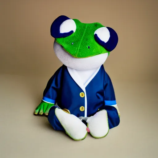 Prompt: stuffed animal frog wearing a sailor suit, cute, photography,