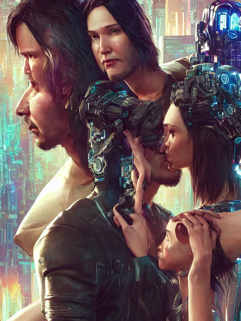 Image similar to a cyberpunk 2077 srcreenshot wedding couple portrait of Keanu Reeves and female android final kiss,love,film lighting,by Laurie Greasley,Lawrence Alma-Tadema,Dan Mumford,John Wick,Speed,Replicas,artstation,deviantart,FAN ART,full of color,Digital painting,face enhance,highly detailed,8K,octane,golden ratio,cinematic lighting