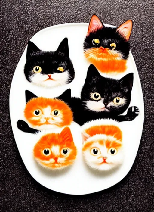 Image similar to clear surrealist painting of adorable cats made from sushi rice, sitting on sushi plates with garnish