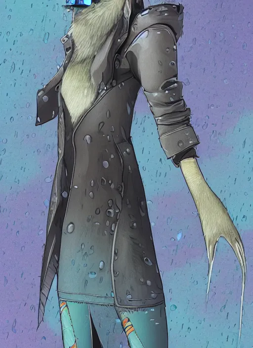 Image similar to digital artwork of anthromorphic hyena female, fursona, furry fandom, rainy cyberpunk setting, anthro, wearing large raincoat, detailed face,