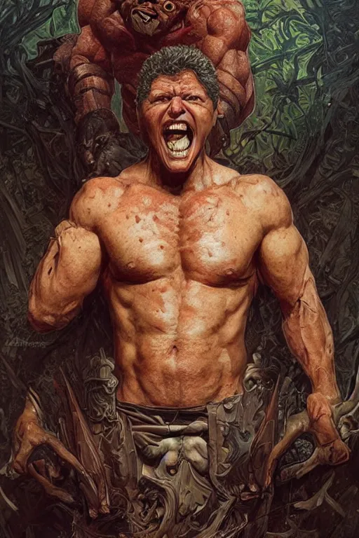 Prompt: portrait of bill clinton as a hulking herculean demon, forest, godlike, full body, fantasy, intricate, elegant, highly detailed, digital painting, artstation, concept art, sharp focus, illustration, art by artgerm and greg rutkowski and alphonse mucha