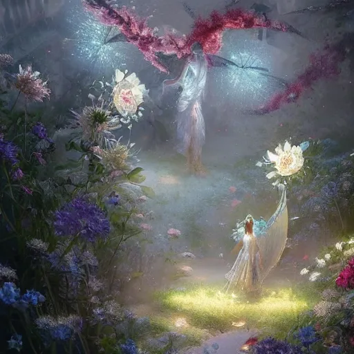 Prompt: silver fairies home madeup of flowers, magical world, by greg rutkowski, sung choi, photo realistic, 8 k, cinematic lighting, hd, atmospheric, hyperdetailed, trending on artstation, devainart, digital painting, glow effect