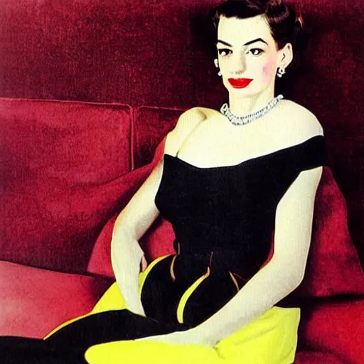 Image similar to “Anne Hathaway portrait, color vintage magazine illustration 1950”