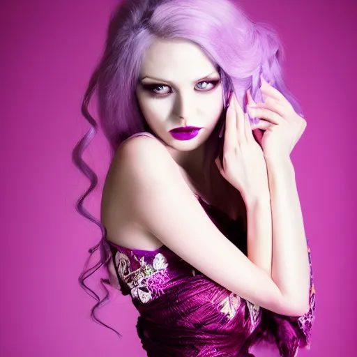 Image similar to Beautiful, professional model, vampire, Shalltear Bloodfallen, Studio Photography, Editorial photography, Studio Lighting, purple dress