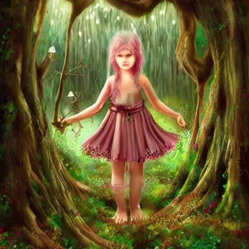 Prompt: ancient ritual in a magical forest, forest child girl, fantasy, artwork, digital art