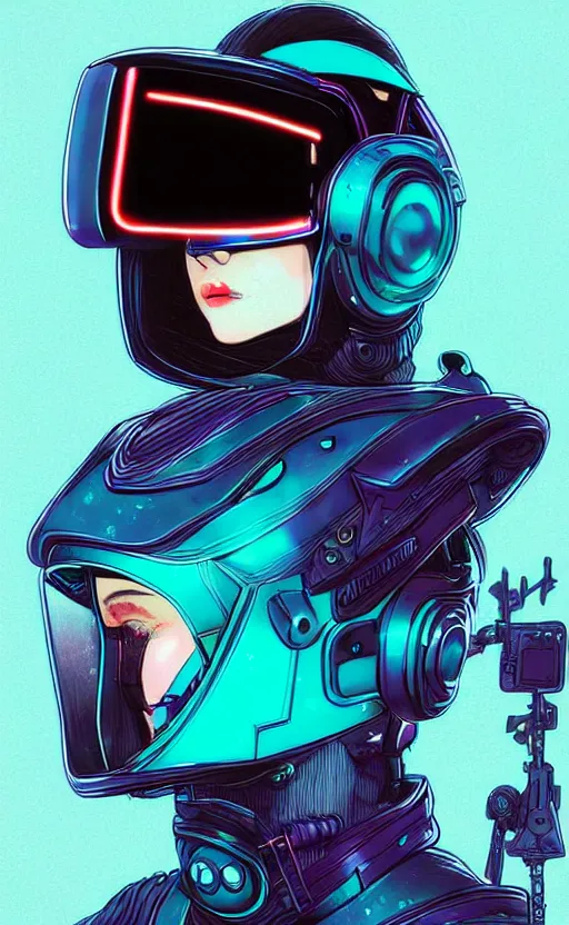 Prompt: wearing the cyberpunk vr helmet of the northern star, fashion, fancy suit, cosmic nova, expensive clothing, professional, teal helmet, naxy blue suit, illustration, style of yoshitaka amano, illustration, artstation, pixiv