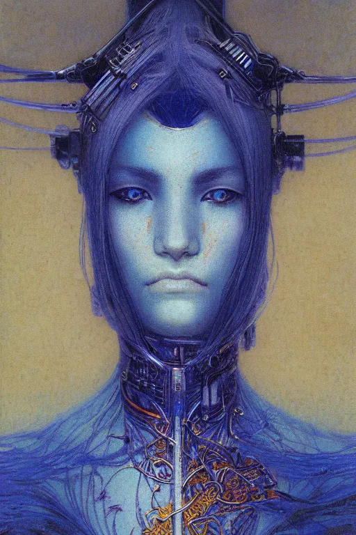 Prompt: portrait of beautiful young mainem, warhammer, japanic style, cyberpunk, a lot of scars, more and more flowers, blue head, the middle ages, highly detailed, artstation, illustration, art by jean delville, 8 k quality