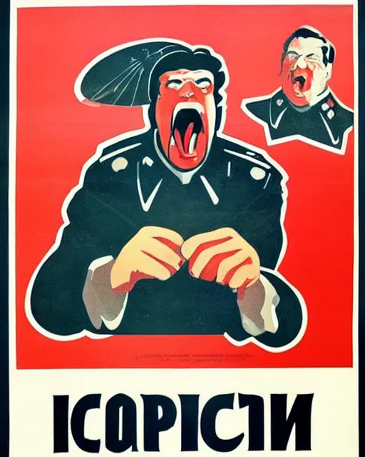 Image similar to soviet propaganda poster of an angry communist developer yelling at his computer