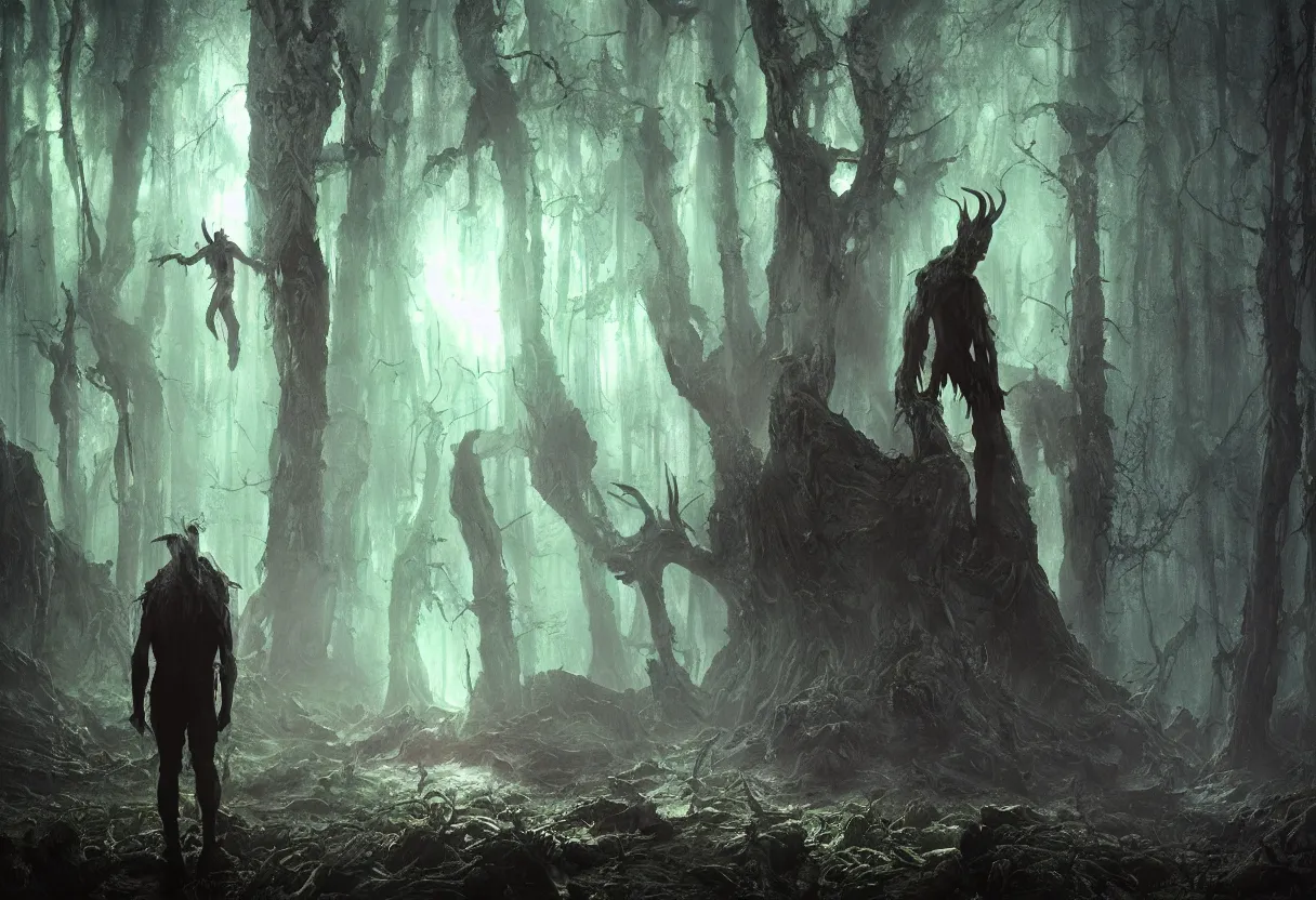 Prompt: demonic man full of ooze and slime in the dark alien swampy forest, colorfully ominous galaxy in background, minimalism, hyper realism, matte painting, realistic, dramatic lighting, octane render, highly detailed, cinematic lighting, cinematic, volumetric, by rutkowsky and gerald brom and frazetta and rembrandt