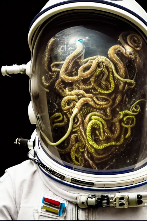 Image similar to extremely detailed studio portrait of space astronaut, alien tentacle protruding from eyes and mouth, slimy tentacle breaking through helmet visor, shattered visor, full body, soft light, disturbing, shocking realization, award winning photo by manny librodo