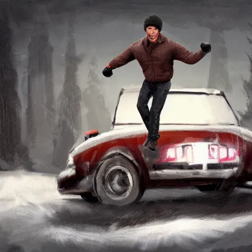 Prompt: concept art of rocky balboa lifting a car, he is in a barn, he wears a winter jacket and a beanie, matte painting, art concept, unreal engine, by aenaluck, digital painting, artstation, concept art, smooth, sharp focus ilustration hq