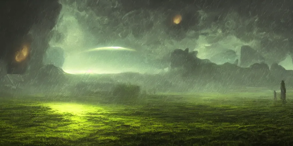 Image similar to digital art, trending on artstation, planet venus landscape, heavy green rain, nice lighting, perfect readability