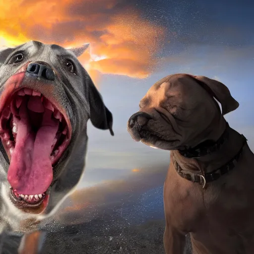 Image similar to a dog barking at a monster, hyper realistic, dangerous, 4k,