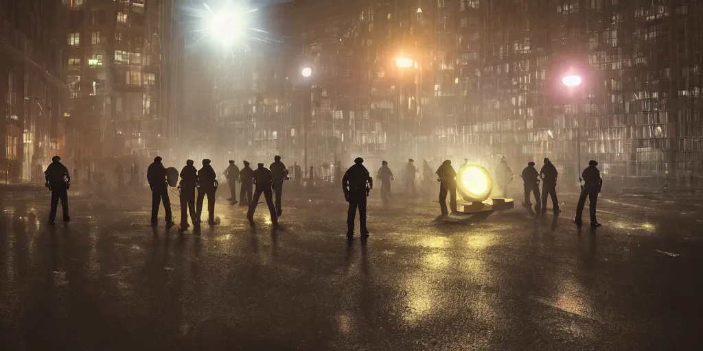 Prompt: policemen protect a huge spiral - shaped luminous object right in the center of the city from protesting people, night, rain and light fog, professional lighting, concept art in 3 d, high detail, professional lighting