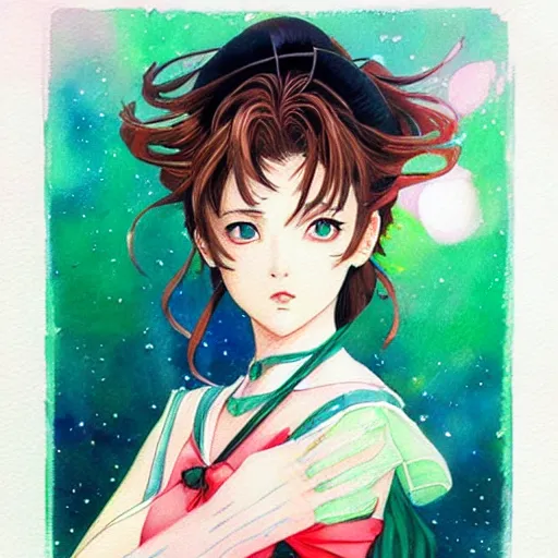 Prompt: the sailor jupiter. beautiful, realistic painting by kuvshinov and bilibin. watercolor, thick linings, manga