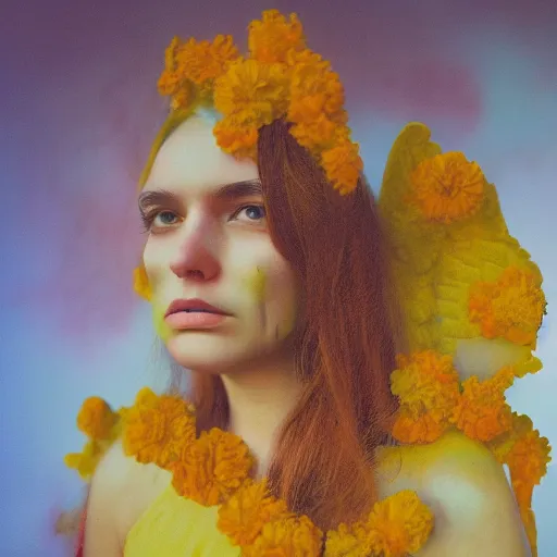 Image similar to realistic expired kodak film portrait of an angel woman tentacled creature mix, marigold celestial vibe, hyperrealism, hypermaxiymalism, photorealistic, detailed, atmospheric, 8 k, award winning photography, cinematic