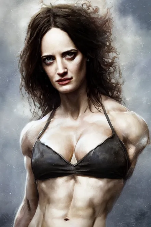 Prompt: a very beautiful portrait of a hulking herculean bodybuilder muscular musclebound bodybuilder eva green, very beautiful face, pretty face, very detailed eyes, muscular, by wlop, greg rutkowski, simon bosley