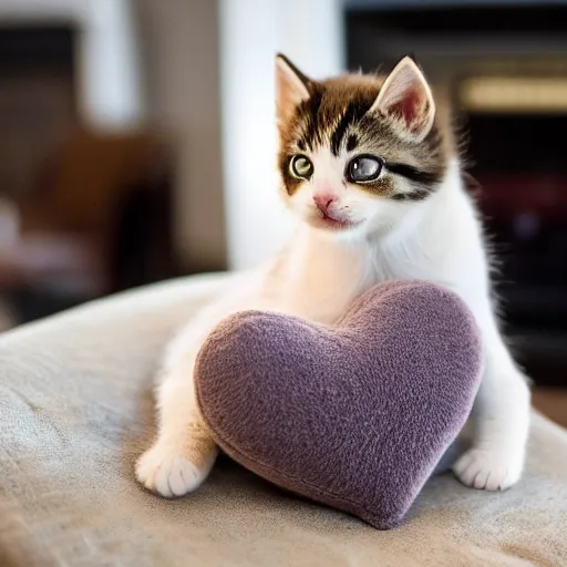 Image similar to A cute little kitten sits on the top of a plush heart-shaped pillow near fireplace, Canon EOS R3, f/1.4, ISO 200, 1/160s, 8K, RAW, unedited, symmetrical balance, in-frame