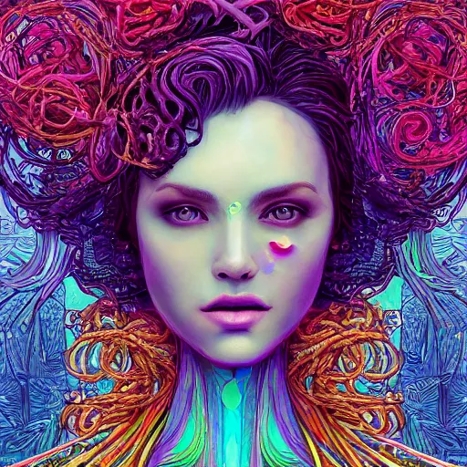 Image similar to the portrait of a ridiculously beautiful and elegant woman partially made of onion rings of all colors, an ultrafine detailed illustration by james jean, final fantasy, intricate linework, bright colors, behance contest winner, vanitas, angular, altermodern, unreal engine 5 highly rendered, global illumination, radiant light, detailed and intricate environment