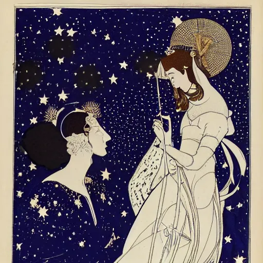 Prompt: The computer art features a woman with wings made of stars, surrounded by a blue and white night sky. The woman is holding a staff in one hand, and a star in the other. She is wearing a billowing white dress, and her hair is blowing in the wind. burnt orange, Aztec by Aubrey Beardsley, by Horace Vernet