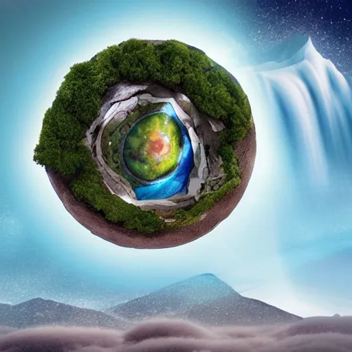 Image similar to “floating island in the space, with a waterfalls, 4k image, award winning”