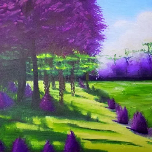 Image similar to tranquil oil painting of purple garden withe green trees, detailed, 8k, mesmerizing