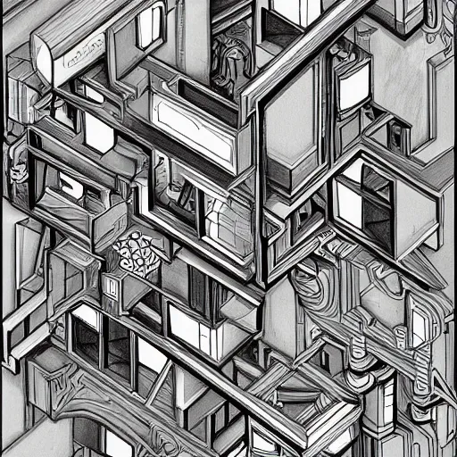 Image similar to a m. c. escher style drawing of the metaverse