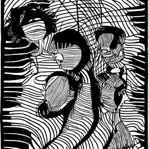 Image similar to the meager headache 1 9 6 8, pen and ink, scribbly lines, loopy lines, highly detailed, illustration for national book review, black and white, rapidograph