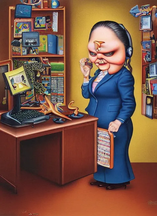 Prompt: A female office worker not understanding what the computer is doing. She's visibly confused. Todd Schorr, Mark Ryden, highly detailed